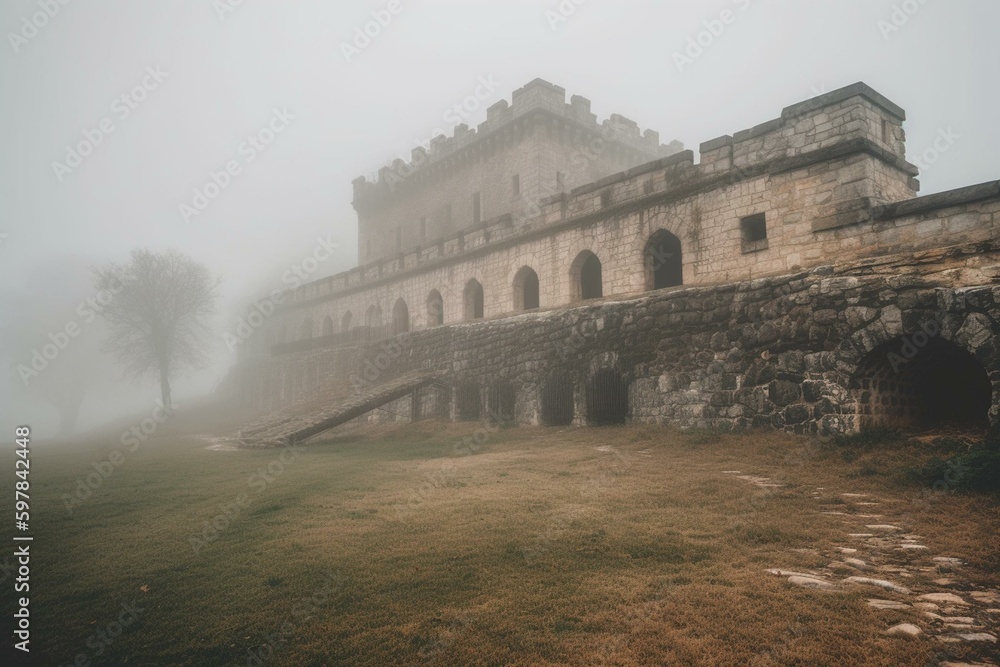 Historic structure captured in hazy fog. Generative AI
