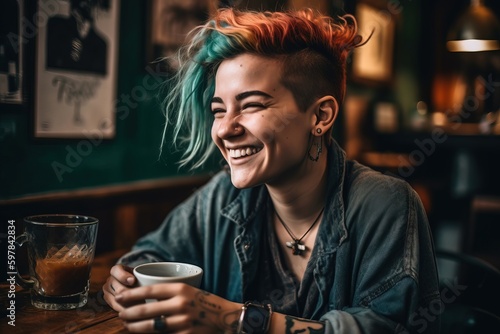 Capture an authentic moment of a genderqueer individual with brightly colored hair, laughing and enjoying a cup of coffee at a cozy, eclectic café. Generative AI