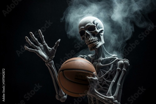Spooky basketball skeleton spinning ball and giving victory sign through smoke. Generative AI