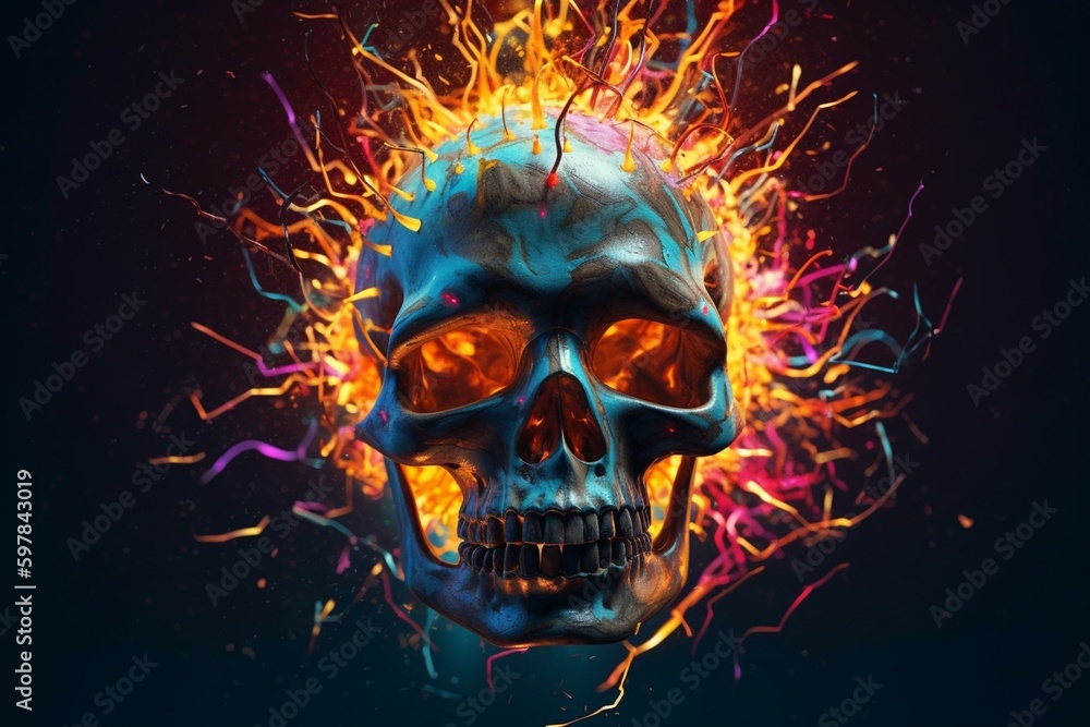 Colorful shapes burst from electric skull. Generative AI