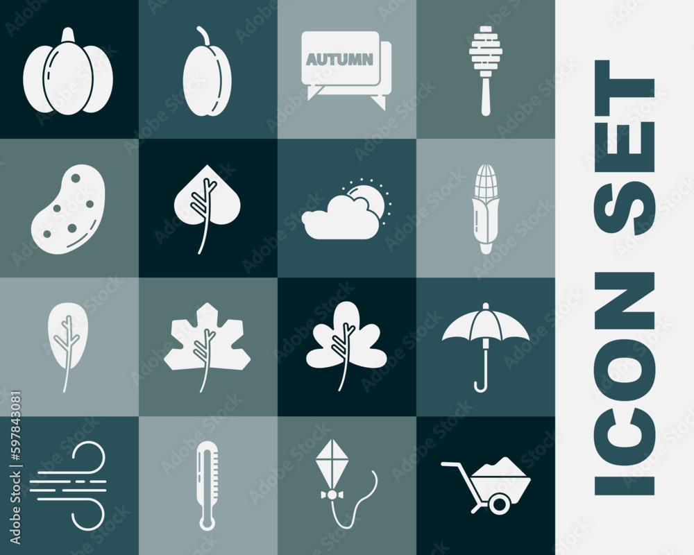 Set Wheelbarrow with dirt, Umbrella, Corn, Speech bubble text autumn, Leaf leaves, Potato, Pumpkin and Sun and cloud weather icon. Vector Set Wheelbarrow with dirt, Umbrella, Corn, Speech bubble text autumn, Leaf leaves, Potato, Pumpkin and Sun and cloud weather icon. Vector