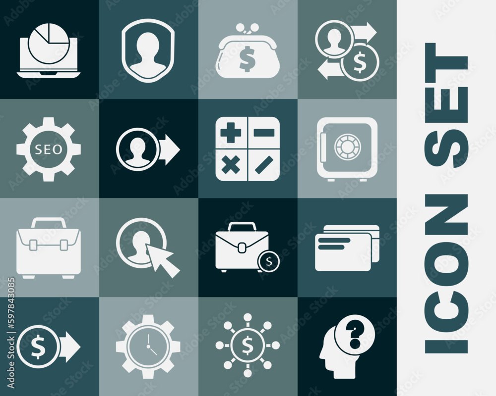 Set Human head with question mark, Credit card, Safe, Wallet dollar, Job promotion, Seo tag gear wheel, Laptop graph chart and Calculator icon. Vector Set Human head with question mark, Credit card, Safe, Wallet dollar, Job promotion, Seo tag gear wheel, Laptop graph chart and Calculator icon. Vector