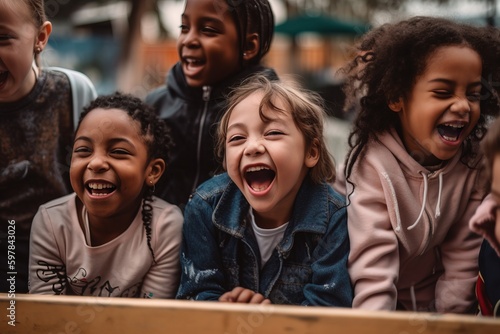 Heartwarming photo of a diverse group of children with various abilities, playing and laughing together in an inclusive playground, showcasing their genuine happiness. Generative AI