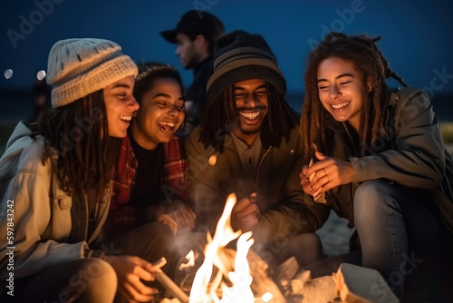 Capture a joyful moment of a group of friends from diverse backgrounds and ages, laughing together around a bonfire at a beach party. Generative AI