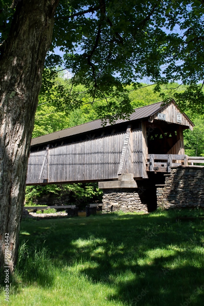 Rural wooden covered bridge with green grass and trees amid dappled light. Summer day. Rural wooden covered bridge with green grass and trees amid dappled light. Summer day.