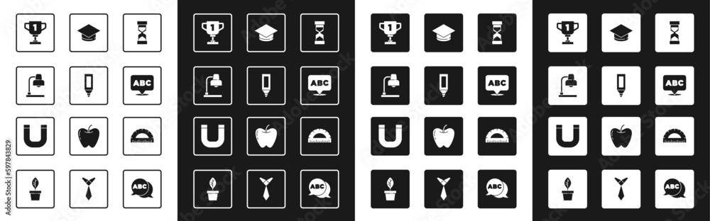 Set Old hourglass with sand, Marker pen, Table lamp, Award cup, Alphabet, Graduation cap, Protractor and Magnet icon. Vector Set Old hourglass with sand, Marker pen, Table lamp, Award cup, Alphabet, Graduation cap, Protractor and Magnet icon. Vector