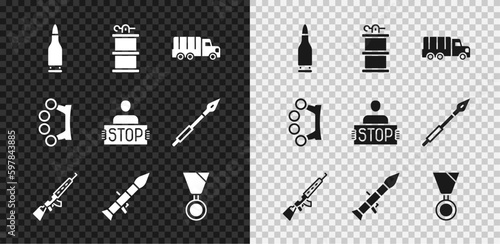 Set Bullet, Hand smoke grenade, Military truck, Sniper rifle with scope, Rocket launcher, reward medal, Brass knuckles and Stop icon. Vector