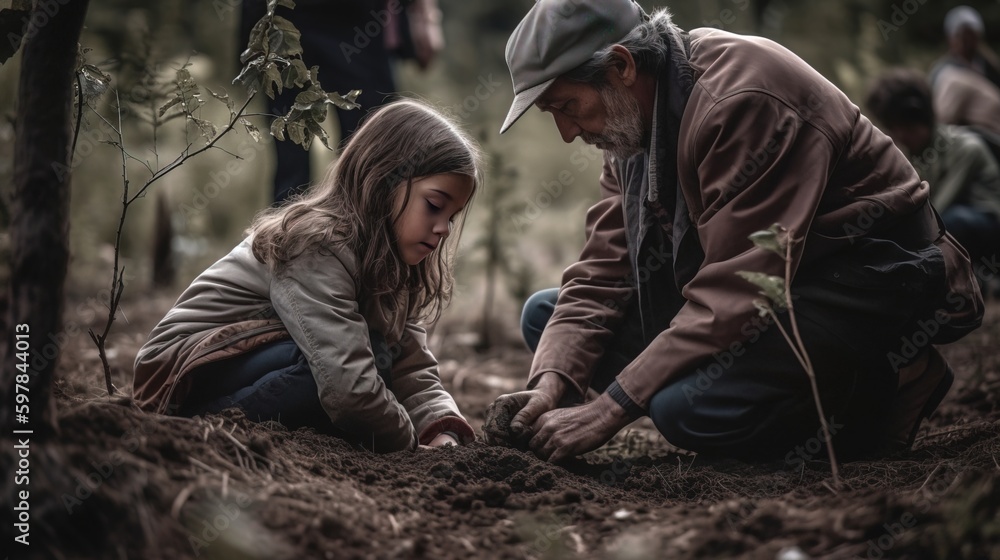 A heartwarming photograph of a child planting a tree with their parent, showcasing the importance of passing on environmental stewardship. Generative AI