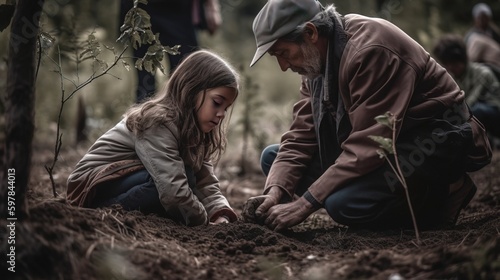 A heartwarming photograph of a child planting a tree with their parent, showcasing the importance of passing on environmental stewardship. Generative AI