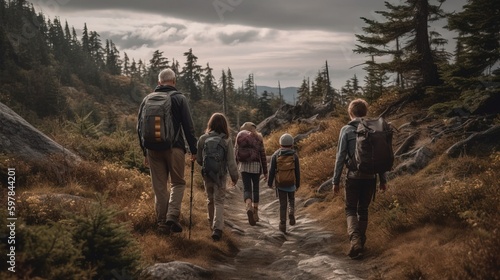 A heartwarming image of a family hiking together, enjoying the natural world and creating lasting memories. Generative AI © 22Imagesstudio