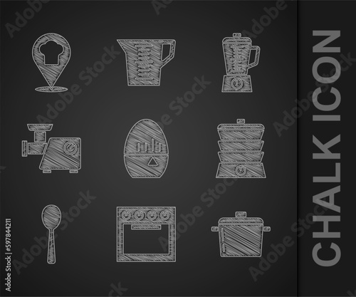 Set Kitchen timer, Oven, Cooking pot, Slow cooker, Spoon, meat grinder, Blender and Chef hat with location icon. Vector