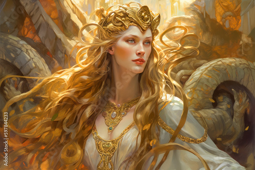 Mystical Scandinavian Goddess Freya Depicted in a Grotesque Fantasy Style, Symbolizing Magic, Power, and Beauty in Nordic Mythology photo