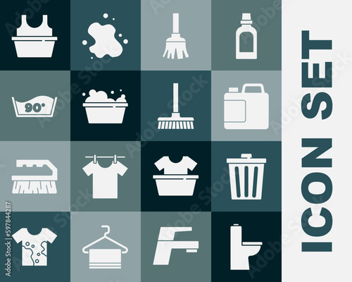 Set Toilet bowl, Trash can, Bottle for cleaning agent, Feather broom, Basin with soap suds, Temperature wash, shirt and Handle icon. Vector