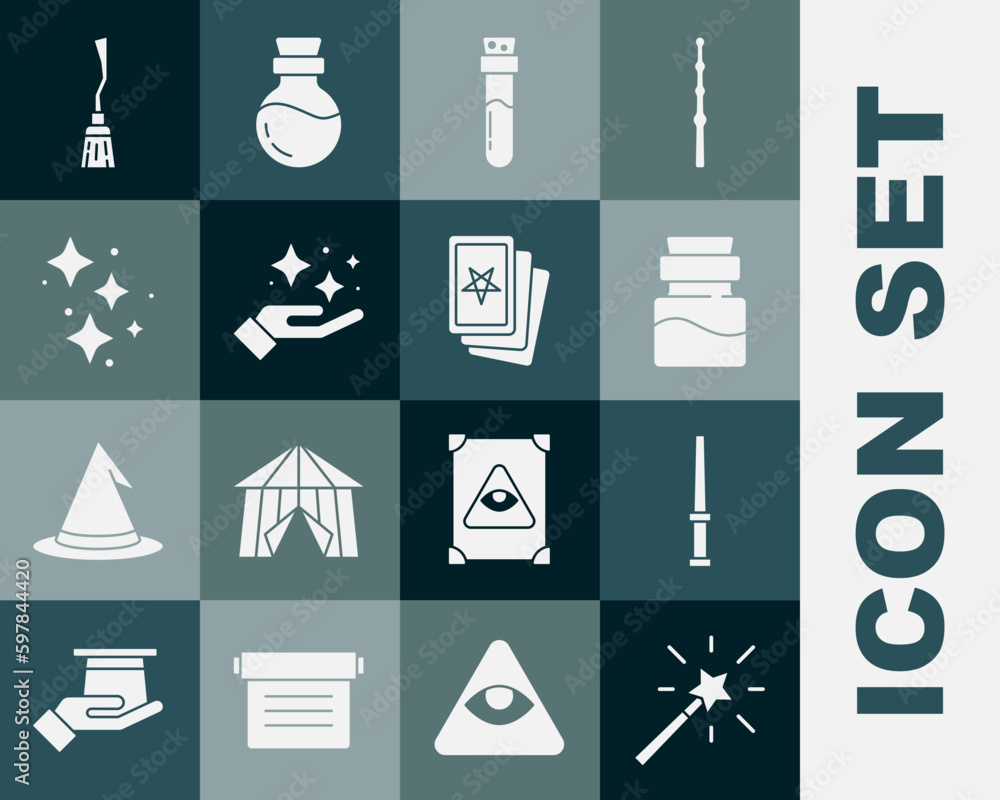 Set Magic wand, Bottle with potion, Sparkle stars magic trick, Witches broom and Three tarot cards icon. Vector Set Magic wand, Bottle with potion, Sparkle stars magic trick, Witches broom and Three tarot cards icon. Vector