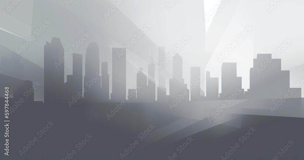Cityscape skyline in abstract light gray and white silhouettes of buildings background. Generative AI.