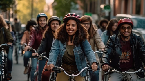 A vibrant image of a diverse group of people enjoying a group bike ride in the city, showcasing inclusivity and empowerment. Generative AI