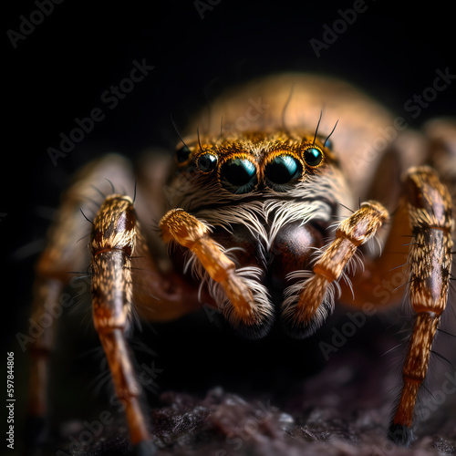 Cute fluffy spider with big eyes. High quality macro photocreated with Generative AI technology.