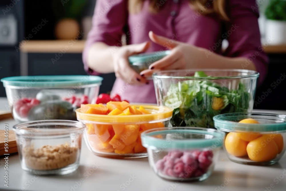 Woman putting cut fruit and vegetable into box and containers, closeup. Generative AI. Woman putting cut fruit and vegetable into box and containers, closeup. Generative AI.