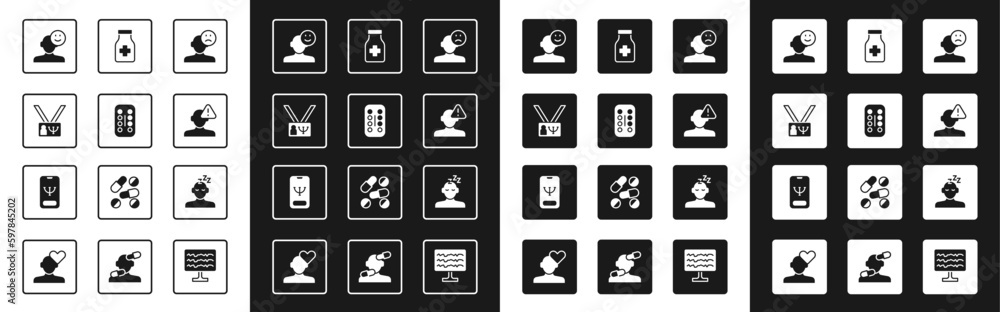 Set Sad and depressed man, bad mood, Sedative pills, Psychology, Good, Finding problem in psychology, Dreams and Online psychological counseling icon. Vector Set Sad and depressed man, bad mood, Sedative pills, Psychology, Good, Finding problem in psychology, Dreams and Online psychological counseling icon. Vector