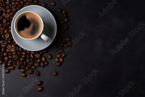 Cup of coffee and coffee beans on dark bac, generative ai
