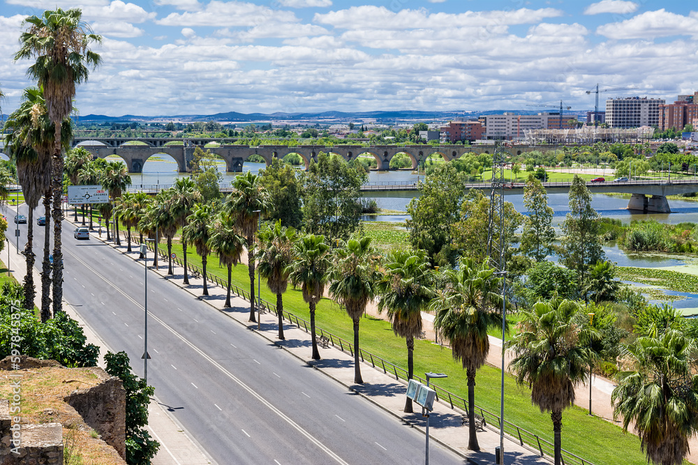 Panorama of Badajoz overlooking the Guardiana river, Extremadura of Spain