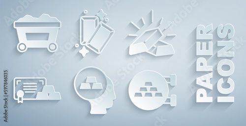 Set Gold bars, with certificate, Jewelry store, and Mine cart gold icon. Vector