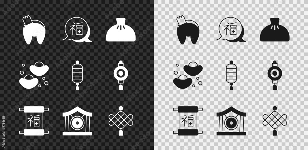 Set Chinese fortune cookie, New Year, Dumpling, Gong musical instrument, paper lantern, and icon. Vector