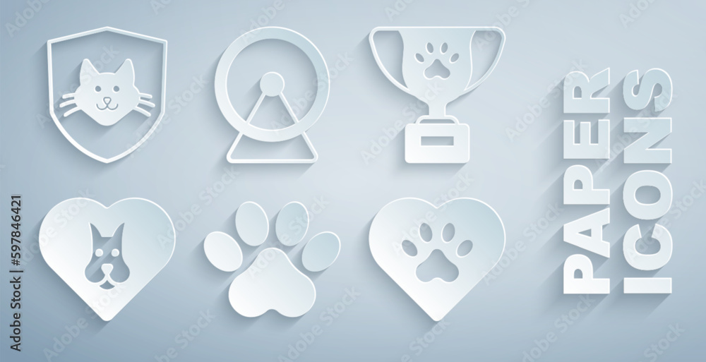 Set Paw print, Pet award symbol, Heart with dog, animals footprint, Hamster wheel and Animal health insurance icon. Vector Set Paw print, Pet award symbol, Heart with dog, animals footprint, Hamster wheel and Animal health insurance icon. Vector