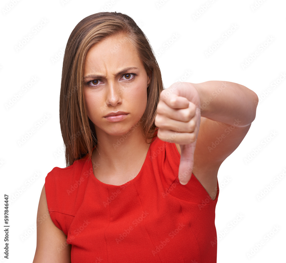 Woman, angry and thumbs down portrait to disagree, problem or disapproval isolated on transparent png background. Anger, negative hand gesture and a frustrated girl showing incorrect, wrong or fail Woman, angry and thumbs down portrait to disagree, problem or disapproval isolated on transparent png background. Anger, negative hand gesture and a frustrated girl showing incorrect, wrong or fail