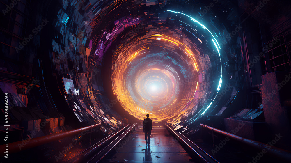 A colorful image in blue and orange colors depicting an unknown figure walking towards a wormhole. The image evokes a sense of mystery and adventure. Generative AI. - obrazy, fototapety, plakaty 