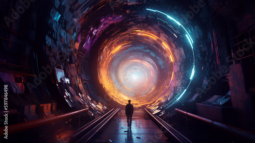 A colorful image in blue and orange colors depicting an unknown figure walking towards a wormhole. The image evokes a sense of mystery and adventure. Generative AI. photo