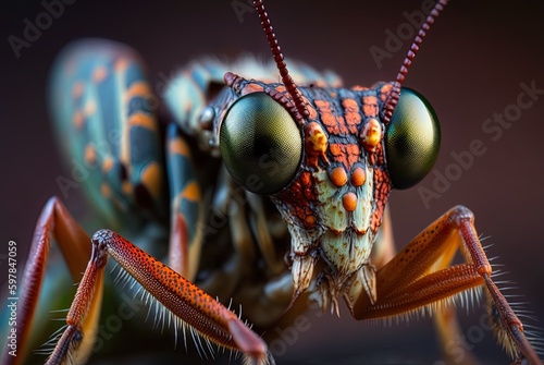 Crickets are being devoured by an idolomantis diabolica. Close-up of a mantis. Generative AI © Andrzej