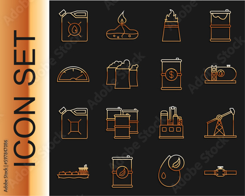 Set line Industry pipes and valve, Oil pump or pump jack, industrial factory building, rig with fire, Speedometer, Canister for motor machine oil and Barrel dollar icon. Vector