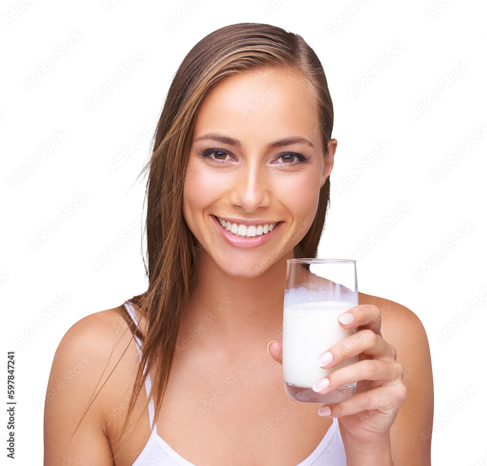 Portrait, smile and woman with milk on glass or female model on organic dairy for breakfast and isolated on transparent png background. Calcium, protein and wellness for white teeth or healthy diet Portrait, smile and woman with milk on glass or female model on organic dairy for breakfast and isolated on transparent png background. Calcium, protein and wellness for white teeth or healthy diet