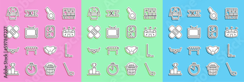 Set line Ice hockey stick, and puck, Hockey stadium, Whistle, Retro tv, Crossed bandage plaster, jersey and Air table icon. Vector