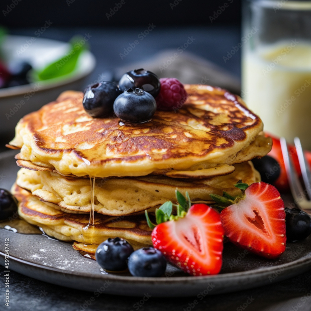 A vibrant highly detailed photo of low-carb pancakes, generative ai
