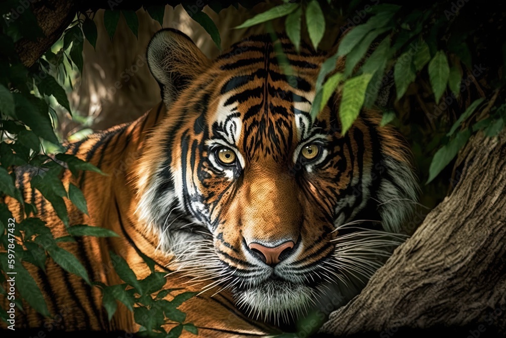 Close-up of an angry tiger's head and face, perhaps a Sumatran tiger, lying beneath a tree. Generative AI Close-up of an angry tiger's head and face, perhaps a Sumatran tiger, lying beneath a tree. Generative AI