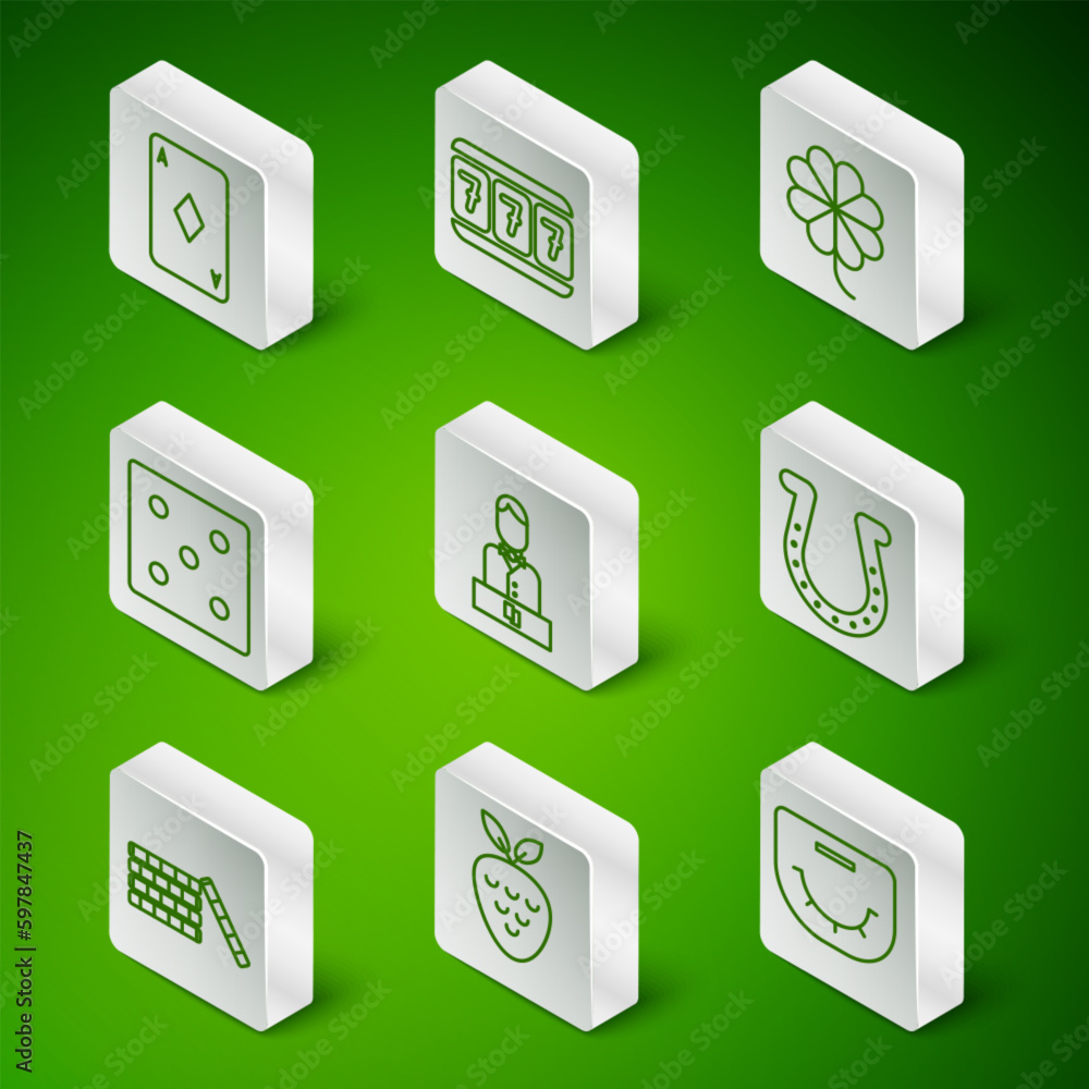 Set line Poker table, Casino slot machine with strawberry, Playing card diamonds, dealer, Game dice, Slot lucky sevens, chips and Horseshoe icon. Vector Set line Poker table, Casino slot machine with strawberry, Playing card diamonds, dealer, Game dice, Slot lucky sevens, chips and Horseshoe icon. Vector
