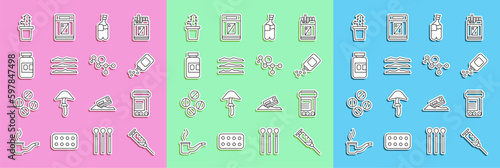 Set line Syringe, Medicine bottle and pills, Bong for smoking marijuana, Cocaine heroin drug, Cactus peyote pot and Cannabis molecule icon. Vector