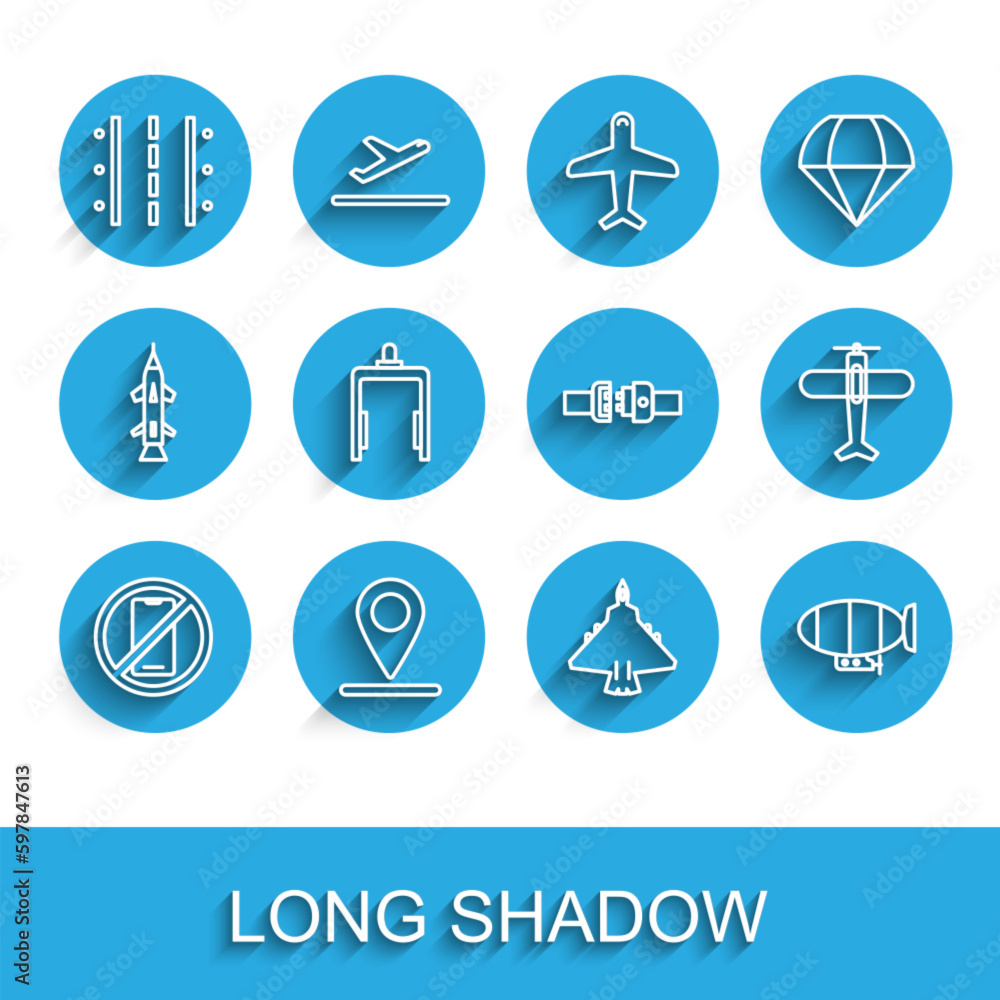 Set line No cell phone, Location, Airport runway, Jet fighter, Airship, Metal detector in airport, Plane and Safety belt icon. Vector Set line No cell phone, Location, Airport runway, Jet fighter, Airship, Metal detector in airport, Plane and Safety belt icon. Vector