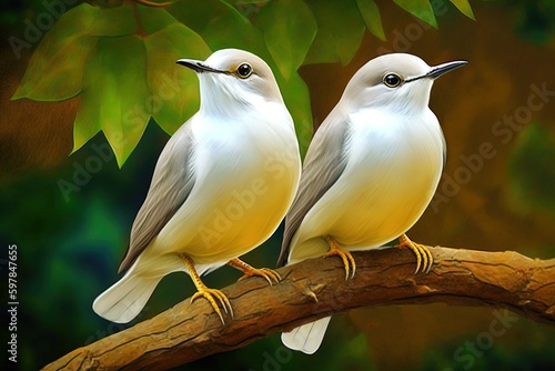 White Jalak bali bird on branch. Generative AI photo