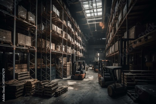 Warehouse with stacked shelves and forklifts. Generative AI © Octavia