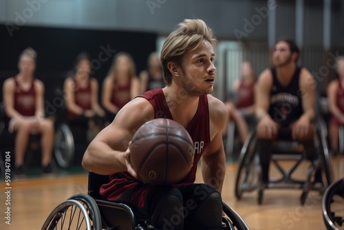 An inspiring image of a wheelchair basketball game in action  highlighting the strength and determination of the players. Generative AI