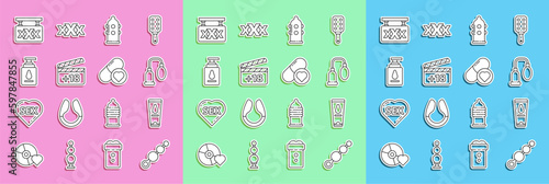 Set line Anal beads, Personal lubricant, Penis pump, Condom, Movie clapper with 18 plus content, Sex shop and Pills for potency, aphrodisiac icon. Vector