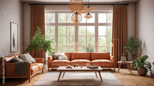 warm living room with a brown sofa and a large wooden frame  Scandinavian style. Generative AI