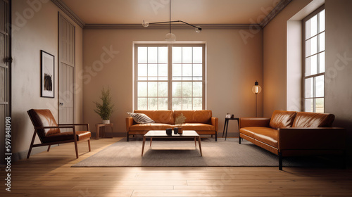 warm living room with a brown sofa and a large wooden frame, Scandinavian style. Generative AI