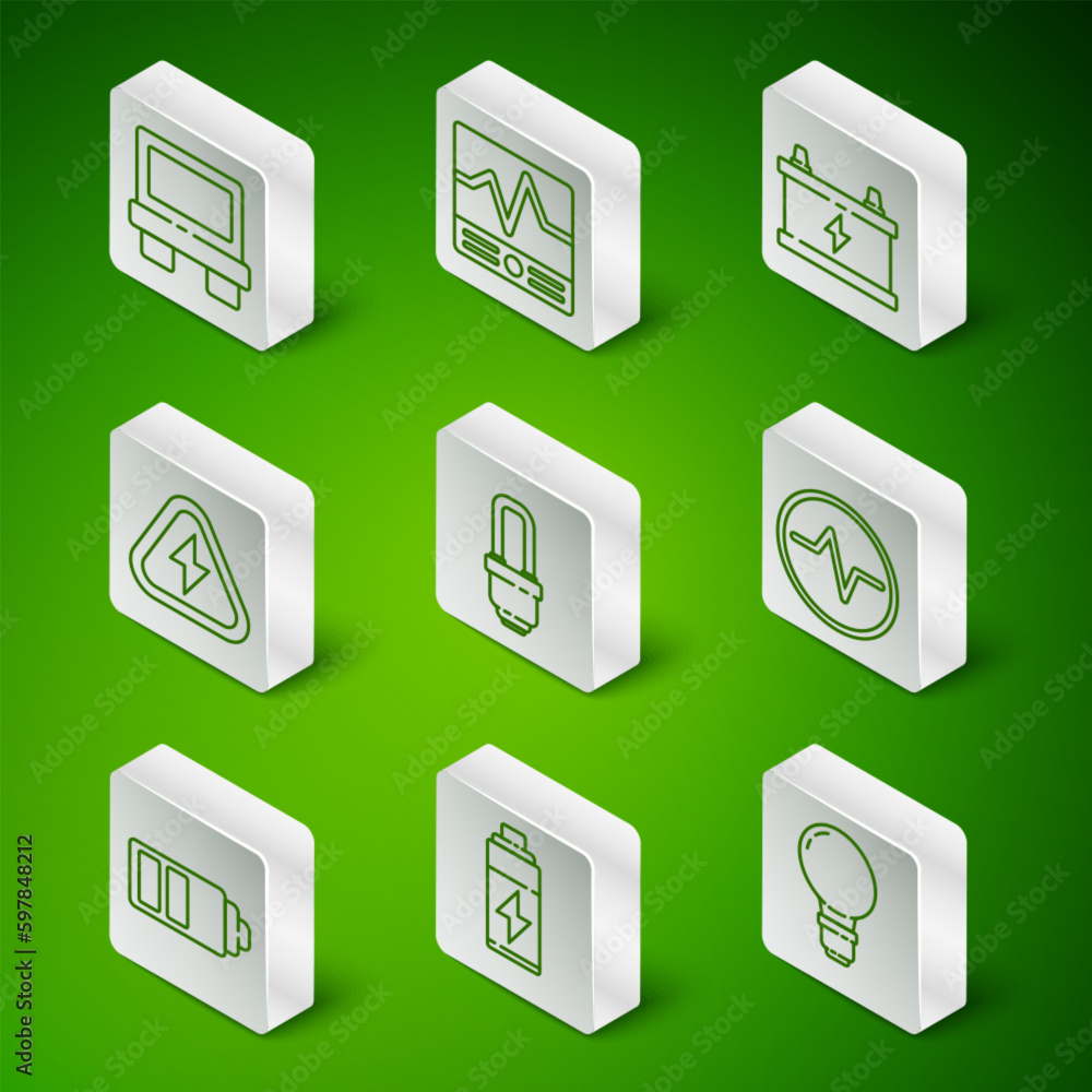 Set line Light bulb with concept of idea, Battery, Fuse, LED light, High voltage, Electrical measuring instruments, charge level indicator and circuit scheme icon. Vector Set line Light bulb with concept of idea, Battery, Fuse, LED light, High voltage, Electrical measuring instruments, charge level indicator and circuit scheme icon. Vector