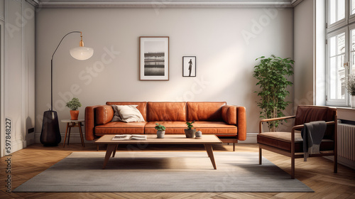 warm living room with a brown sofa and a large wooden frame, Scandinavian style. Generative AI