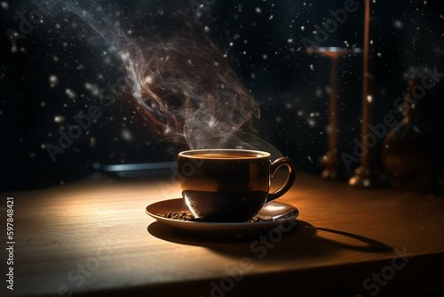 Morning coffee with a swirling galaxy. Generative AI