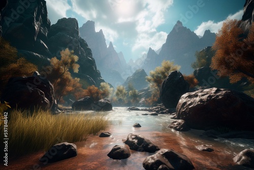 Incredible adventure: stunning environment using Unreal Engine, with wide angle lens and depth of field. Vibrant colors, intricate details, and beautiful grading. Generative AI © Isadore